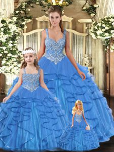 Stylish Baby Blue Sleeveless Floor Length Beading and Ruffles Lace Up Sweet 16 Dresses