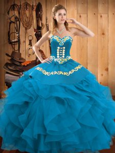 Romantic Teal Ball Gowns Sweetheart Sleeveless Satin and Organza Floor Length Lace Up Embroidery and Ruffles Sweet 16 Dress