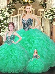 Elegant Sleeveless Organza Floor Length Lace Up Sweet 16 Dress in Green with Ruffles