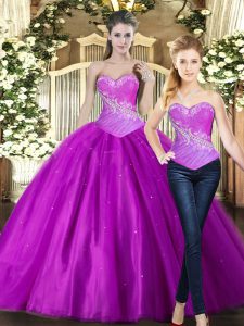 Affordable Floor Length Fuchsia Sweet 16 Dress Tulle Sleeveless Beading