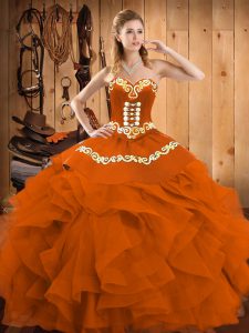 Hot Selling Floor Length Rust Red Sweet 16 Quinceanera Dress Satin and Organza Sleeveless Embroidery and Ruffles