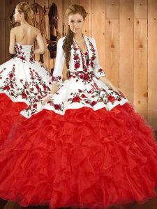 Red Tulle Lace Up Vestidos de Quinceanera Sleeveless Floor Length Embroidery and Ruffles