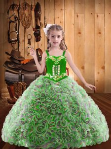 Multi-color Straps Neckline Embroidery and Ruffles Little Girls Pageant Dress with Headpieces Sleeveless Lace Up