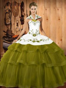 Super Sleeveless Embroidery and Ruffled Layers Lace Up 15th Birthday Dress with Olive Green Sweep Train