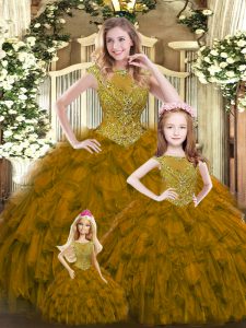 Brown Ball Gowns Organza Scoop Sleeveless Beading and Ruffles Floor Length Lace Up Ball Gown Prom Dress