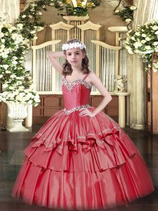 Perfect Coral Red Ball Gowns Beading and Ruffled Layers Pageant Gowns For Girls Lace Up Organza and Taffeta Sleeveless Floor Length