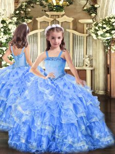 Glorious Baby Blue Ball Gowns Organza Straps Sleeveless Appliques and Ruffled Layers Floor Length Lace Up Custom Made Pageant Dress
