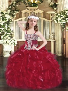 Organza Straps Sleeveless Lace Up Appliques and Ruffles Girls Pageant Dresses in Wine Red