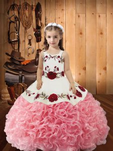 Pink Little Girl Pageant Gowns Fabric With Rolling Flowers Sleeveless Embroidery and Ruffles