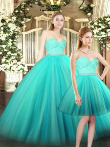 Sophisticated Floor Length Lace Up Ball Gown Prom Dress Aqua Blue for Military Ball and Sweet 16 and Quinceanera with Ruching