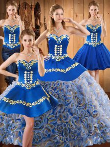 Top Selling Multi-color Lace Up Sweetheart Embroidery Sweet 16 Dress Satin and Fabric With Rolling Flowers Sleeveless Sweep Train