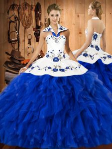 Satin and Organza Sleeveless Floor Length 15th Birthday Dress and Embroidery and Ruffles