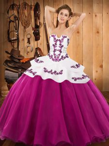 Smart Fuchsia Sleeveless Floor Length Embroidery Lace Up Quinceanera Gown