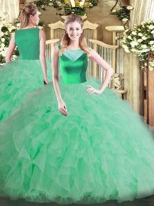 Apple Green Ball Gowns Organza Scoop Sleeveless Beading and Ruffles Floor Length Side Zipper Sweet 16 Quinceanera Dress