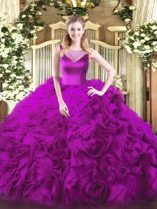 Scoop Sleeveless Side Zipper Quinceanera Dress Fuchsia Fabric With Rolling Flowers