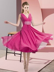 Hot Pink Dama Dress Prom and Party and Wedding Party with Beading V-neck Sleeveless Side Zipper