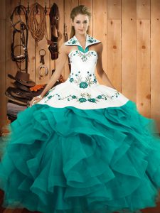 Teal Ball Gowns Tulle Halter Top Sleeveless Embroidery and Ruffles Floor Length Lace Up Quinceanera Dresses