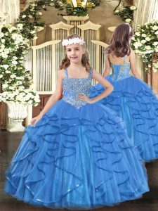 Baby Blue Lace Up Straps Beading and Ruffles Pageant Dress Toddler Tulle Sleeveless