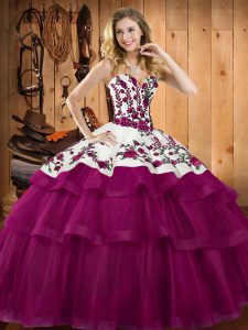 Modern Fuchsia Sweetheart Lace Up Embroidery Sweet 16 Dresses Sleeveless