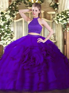 Most Popular Halter Top Sleeveless Backless Quinceanera Dress Purple Tulle