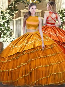 Edgy Orange High-neck Criss Cross Ruffled Layers Sweet 16 Quinceanera Dress Sleeveless