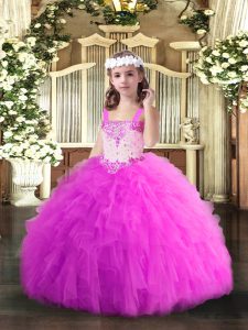 Tulle Straps Sleeveless Lace Up Beading and Ruffles Little Girl Pageant Gowns in Fuchsia