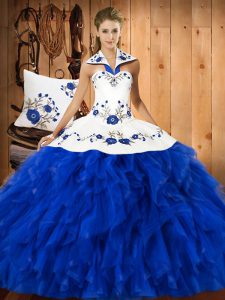 Wonderful Halter Top Sleeveless Satin and Organza 15 Quinceanera Dress Embroidery and Ruffles Lace Up