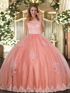 Unique Watermelon Red 15 Quinceanera Dress Military Ball and Sweet 16 and Quinceanera with Lace and Appliques Scoop Sleeveless Clasp Handle