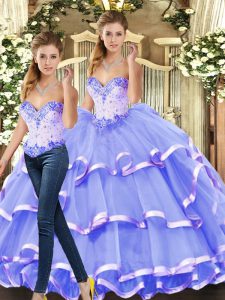 Simple Lavender Lace Up Sweetheart Beading and Ruffled Layers Quinceanera Gown Tulle Sleeveless