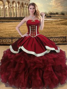 Luxurious Wine Red Ball Gowns Beading and Ruffles Quinceanera Gown Lace Up Organza Sleeveless Floor Length