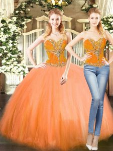 Colorful Sleeveless Tulle Floor Length Lace Up Ball Gown Prom Dress in Orange Red with Beading