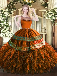 Sleeveless Floor Length Beading and Appliques and Ruffles Zipper Ball Gown Prom Dress with Rust Red