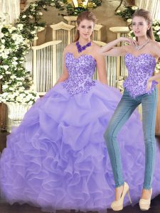 Nice Lavender Zipper Sweetheart Appliques and Ruffles Quinceanera Gowns Organza Sleeveless