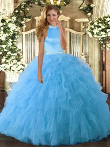 Baby Blue Halter Top Neckline Beading and Ruffles Quince Ball Gowns Sleeveless Backless