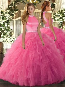 Hot Pink Sleeveless Beading and Ruffles Floor Length 15 Quinceanera Dress