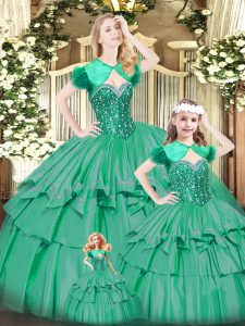 Turquoise Sweet 16 Quinceanera Dress Military Ball and Sweet 16 and Quinceanera with Beading and Ruffled Layers Sweetheart Sleeveless Lace Up