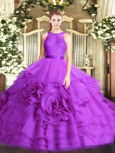 Deluxe Eggplant Purple Lace Up Scoop Lace Sweet 16 Dresses Fabric With Rolling Flowers Sleeveless