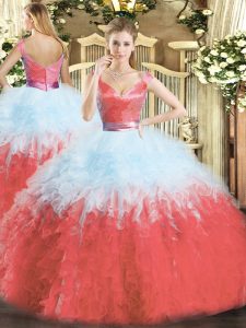 Sleeveless Organza Floor Length Zipper Quinceanera Dresses in Multi-color with Ruffles