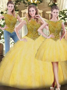 Gold Sleeveless Beading and Ruffles Floor Length Sweet 16 Dress