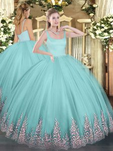 Beauteous Straps Sleeveless Sweet 16 Dress Floor Length Appliques Aqua Blue Tulle