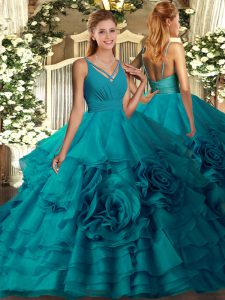 Traditional Sleeveless Floor Length Ruffles Backless Ball Gown Prom Dress with Teal