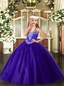 Ball Gowns Little Girls Pageant Gowns Purple V-neck Tulle Sleeveless Floor Length Lace Up
