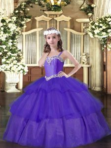 Unique Purple Lace Up Straps Beading and Ruffled Layers Child Pageant Dress Organza Sleeveless