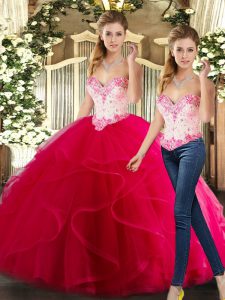 Suitable Hot Pink Lace Up Sweetheart Beading and Ruffles Sweet 16 Quinceanera Dress Organza Sleeveless