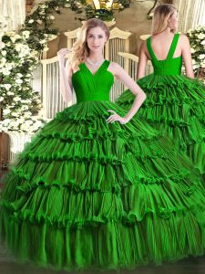 Floor Length Dark Green Sweet 16 Dress Organza Sleeveless Ruffled Layers