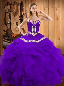 Sweetheart Sleeveless Ball Gown Prom Dress Floor Length Embroidery and Ruffles Purple Satin and Organza