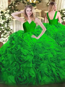 Fancy V-neck Sleeveless Sweet 16 Dresses Floor Length Ruffles Green Fabric With Rolling Flowers