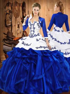 Dynamic Floor Length Lace Up Sweet 16 Dresses Blue for Military Ball and Sweet 16 and Quinceanera with Embroidery and Ruffles