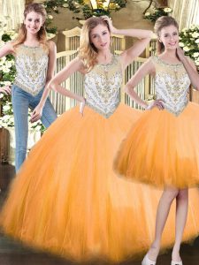 Flare Sleeveless Floor Length Beading Zipper Quinceanera Gowns with Orange Red