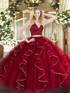 Halter Top Sleeveless Sweet 16 Dress Floor Length Ruffles Wine Red Organza